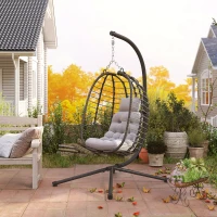 Outsunny Poltrona suspensa dobrável em resina trançada com suporte, almofada e travesseiro, altura ajustável, cinza(m-4)