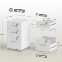HOMCOM Caisson de Bureau Mobile avec 3 Tiroirs Verrouillables, Caisson de Rangement sur Roulettes, 40 x 40 x 69,5 cm, Blanc(m-3)