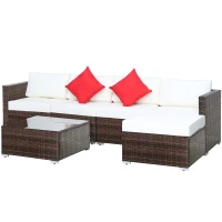 Outsunny 6 Pieces Outdoor Rattan Corner Sofa Set - Patio Aluminium Frame with All-Weather Wicker Conversation Furniture, Coffee Table & Cushions, Cream White(m-11)