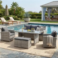 Outsunny 6-Piece Wicker Rattan Garden Set, Aluminium Patio Wicker Dining Sets with Glass Top Table & Soft Cushion, Light Grey(m-11)