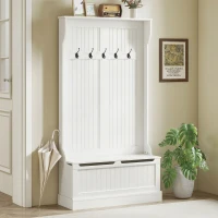 HOMCOM Meuble d'entrée avec banc porte manteaux 3 en 1 5 crochets banc de rangement pour salon couloir 96 x 34 x 179,7 cm crème(m-2)