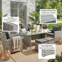 Outsunny 6-Piece Wicker Rattan Garden Set, Aluminium Patio Wicker Dining Sets with Glass Top Table & Soft Cushion, Light Grey(m-6)