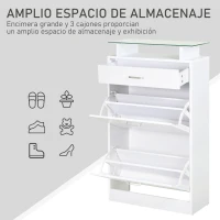 HOMCOM Organizador de Zapatos Multifuncional Zapatero con 3 Cajones Estante de Vidrio Asa de Aluminio para Pasillo Tablero de Partículas Carga 50 kg 60x24x105,5 cm Blanco(m-5)
