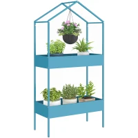 Outsunny Étagère à Plantes 2 Niveaux, Support de Plantes en Métal avec Crochet, Porte-Pots en Forme de Maison, Bleu-Vert(m-11)