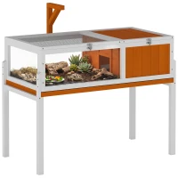 PawHut Casă pentru țestoase din lemn, adăpost pentru țestoase cu locuință principală, ferestre transparente, capac, 104cm x 53cm x 82cm, Alb+Portocaliu(m-7)