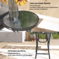 Outsunny Mesa de centro bistrô redonda de jardim Ø 60 x 50H cm dobrável metal preto tampo vidro temperado preto(m-4)