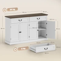 HOMCOM Aparador de sala, móvel de arrumação com 4 portas, 2 gavetas silenciosas, prateleiras reguláveis, 140x40x85cm, branco e castanho(m-3)