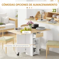 HOMCOM Mesa de Cocina Plegable con Ruedas Alas Abatibles Cajón y Estantes para 2-4 Personas 120x72x75 cm Roble y Blanco(m-4)