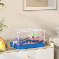 PawHut Hamster Cage, Small Gerbil Cage 2 Tiers Portable w/ Handle, Exercise Wheel, Water Bottle, Dishes, Blue(m-10)