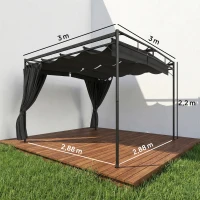 Outsunny Pergola de Jardin Tonnelle de Terrasse avec Toit Rétractable Rideaux et Système de Poulie 3x3m Gris Anthracite(m-3)