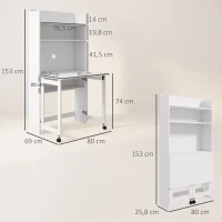 HOMCOM Bureau informatique avec étagères de rangement plateau rabattable 2 roulettes pour chambre salon 80 x 69 x 155 cm blanc(m-3)