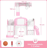 AIYAPLAY Tobogán Infantil 7 en 1 Temática de Rana con Aro de Baloncesto Túnel Pizarra Telescopio Escalador y Cajas Rosa(m-3)