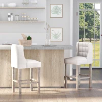 HOMCOM Set of 2 Bar Stools with Button Tufting, Solid Wood, incl. Footrest, 47 cm x 50 cm x 101 cm, Gray + Natural(m-2)