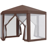 Outsunny Hexagonal Garden Gazebo - Patio Party Outdoor Canopy Tent Sun Shelter with Mosquito Netting and Zipped Door, Brown(m-11)