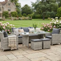 Outsunny 6-Piece Wicker Rattan Garden Set, Aluminium Patio Wicker Dining Sets with Glass Top Table & Soft Cushion, Light Grey(m-2)
