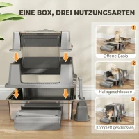PawHut Katzenklo XXL Edelstahl Katzentoilette 130L mit 180° Klappdeckel Hohen Seitenwänden Schaufel Trittstufe 70x50x43cm Grau(m-5)