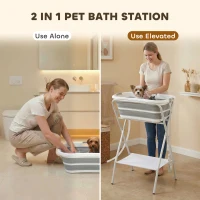 PawHut Dog Bath Tub, Portable Foldable Dog Bathtub with Stand, Drainage Hole, for Small Dogs Puppies Grey(m-4)