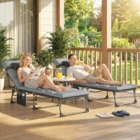 Outsunny Lot de 2 Bain de Soleil Chaise Longue Jardin avec Matelas 9cm Pliable Dossier Réglable 5 Positions Appui-tête 200cm Gris(m-9)