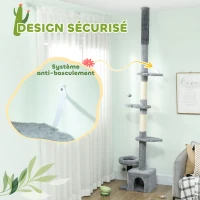 PawHut Arbre à chat du sol au plafond, tour à chat réglable en hauteur 225-255 cm à plusieurs niveaux, revêtement peluche, gris(m-6)