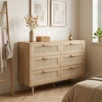HOMCOM Cómoda para Dormitorio con 6 Cajones con Frontal de Ratán Patas de Madera Cajonera Estilo Bohemio 110x40x75 cm Roble(m-9)