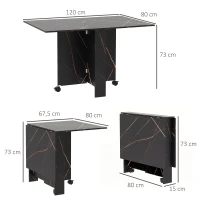 HOMCOM Mesa de Comedor Plegable con Ruedas y 2 Alas Abatibles Hasta 6 Personas Acabado Mármol 120x80x73 cm Negro(m-3)