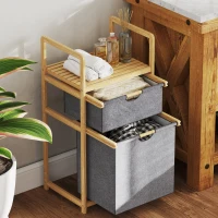 HOMCOM Cesto de roupa em bambu cesto para roupa suja com 2 sacos em tecido deslizantes e prateleira em ripas, natural(m-5)