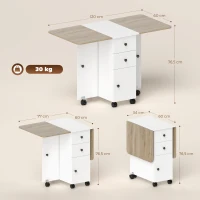 HOMCOM Mesa Plegable de Comedor con Ruedas Alas Abatibles 2 Cajones y Armario Hasta 6 Personas 120x60x76,5 cm Blanco y Natural(m-3)