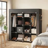 HOMCOM Armoire penderie en tissu, meuble de rangement mobile 10 roulettes avec 10 compartiments, barres de suspension, noir(m-8)