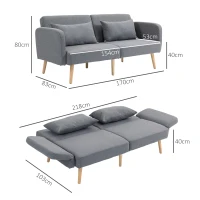 HOMCOM Sofá-cama 3 lugares design clic-clac encosto reclinável e apoios de braço ajustáveis tecido efeito linho cinza(m-3)