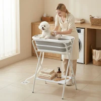 PawHut Dog Bath Tub, Portable Foldable Dog Bathtub with Stand, Drainage Hole, for Small Dogs Puppies Grey(m-2)