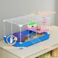 PawHut Hamster Cage, Small Gerbil Cage 2 Tiers Portable w/ Handle, Exercise Wheel, Water Bottle, Dishes, Blue(m-5)