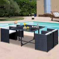 Outsunny Set Mobilier de Grădină cu Masă de Prânz, 4 Scaune și Perne, 109x109x72 cm, Negru(m-10)
