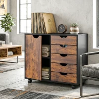 HOMCOM Meuble de rangement pour bureau 5 tiroirs 1 porte étagère réglable, support imprimante roulettes, 78x40x66,5 cm, marron(m-9)