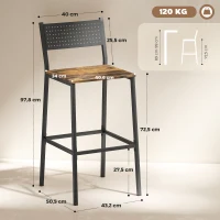 HOMCOM Conjunto de 2 bancos de bar, cadeiras de bar, assento 72,5H cm, encosto e apoio para os pés, pés em metal, castanho rústico(m-3)