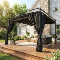 Outsunny Pergola de Jardin Tonnelle de Terrasse avec Toit Rétractable Rideaux et Système de Poulie 3x3m Gris Anthracite(m-9)