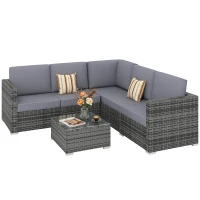 Outsunny 4 Pieces Rattan Garden Furniture Set, Wicker Outdoor Furniture Set with Corner Sofa Loveseat Coffee Table Cushions, Conservatory Furniture Set for Patio Balcony Poolside, Grey(m-15)