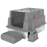 PawHut Katzenklo XXL Edelstahl Katzentoilette 130L mit 180° Klappdeckel Hohen Seitenwänden Schaufel Trittstufe 70x50x43cm Grau(m-1)