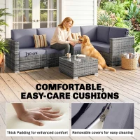 Outsunny 4 Pieces Rattan Garden Furniture Set, Wicker Outdoor Furniture Set with Corner Sofa Loveseat Coffee Table Cushions, Conservatory Furniture Set for Patio Balcony Poolside, Grey(m-7)