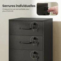 HOMCOM Caisson de Bureau Mobile avec 3 Tiroirs Verrouillables, Caisson de Rangement sur Roulettes, 40 x 40 x 69,5 cm, Noir(m-7)