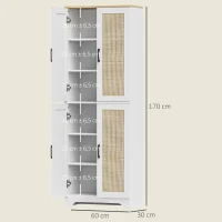 HOMCOM Alacena de Cocina con Estantes Ajustables Puertas de Ratán y Sistema Anti-vuelco 60x30x170 cm Blanco(m-3)