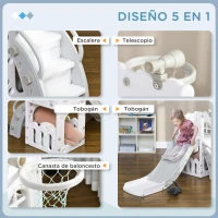 AIYAPLAY Tobogán Infantil 5 en 1 con Canasta de Baloncesto Telescopio Escalador y Cesta Inferior para Interior Blanco y Gris(m-4)