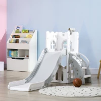 AIYAPLAY Tobogán Infantil 5 en 1 con Canasta de Baloncesto Telescopio Escalador y Cesta Inferior para Interior Blanco y Gris(m-10)