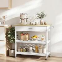 HOMCOM Desserte de cuisine à roulettes, îlot central cuisine avec plan de travail, tiroir, étagères, porte-serviettes, blanc(m-11)
