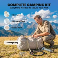 Outsunny Inflatable Camping Tent, 4 Season Hot Tent 10000mm Waterproof with Chimney Opening, Sky Light and Air Pump, Khaki(m-9)