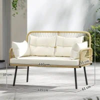 Outsunny Canapé de jardin avec coussins et oreillers 2 places en résine tressée, canapé d'extérieur avec accoudoirs bois naturel(m-3)