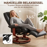 HOMCOM Fauteuil Relax Inclinable, Fauteuil de Salon, Repose-Pieds Réglable, Pivotant 360°, Piètement Bois, Revêtement Synthétique, Noir(m-4)