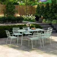 Outsunny Conjunto de jardim conjunto de jantar para jardim 7 peças com 1 mesa e 6 cadeiras empilháveis em aço verde claro(m-6)