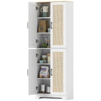 HOMCOM Alacena de Cocina con Estantes Ajustables Puertas de Ratán y Sistema Anti-vuelco 60x30x170 cm Blanco(m-10)