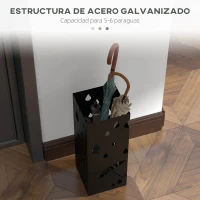 HOMCOM Paragüero Negro Paragüero de Acero con 4 Ganchos y Bandeja de Goteo Extraíble para Pasillo Entrada 15,5x15,5x41 cm(m-4)