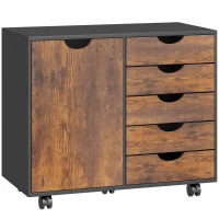 HOMCOM Meuble de rangement pour bureau 5 tiroirs 1 porte étagère réglable, support imprimante roulettes, 78x40x66,5 cm, marron(m-1)
